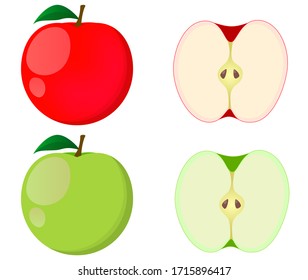 Fresh red and green apple. Isolated icons. Half and whole apple on white background. Flat fruits. Vector illustration.