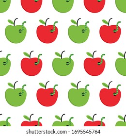 Fresh red and green apples with worm, cute vector cartoon seamless pattern background.
