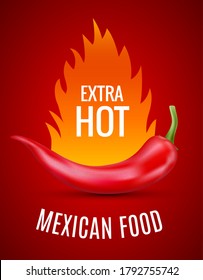 Fresh red hot chili pepper. Kitchen organic vector spicy taste chili mexican pepper with flame fire