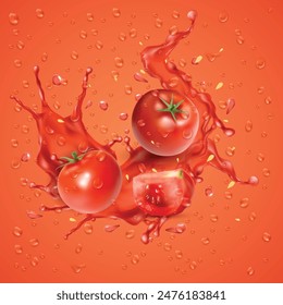 Frische rote saftige Tomate, ein saftiger Spritzer Tomaten und Wassertropfen mit Blasen.