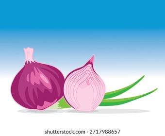 Ilustración vectorial de chalote de cebolla roja fresca con media rebanada y hojas