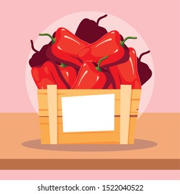 fresh red paprika vegetable in wooden crate vector illustration design