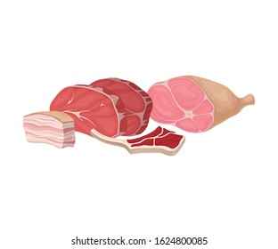 Fresh Red Raw Meat and Bacon Vector Composition