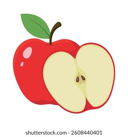 Fresh red ripe apple, half apple, cartoon-style clipart and vector illustration design isolated on white background