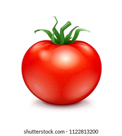 Fresh red ripe tomato with green leaf. Vegetarian vegetable healthy food. Organic fruit. Isolated white background. EPS10 vector illustration.