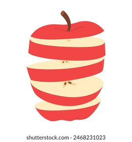 Fresh red sliced ​​apple flying in the air. Slice of fresh red apple. Healthy vegetarian snack, cut apple for design or infographic. Hand drawn Trendy flat style isolated on white. Vector illustration