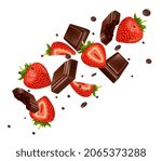 Fresh red strawberries, halved at delicious with chocolate splashing flying. Dessert food appetizer isolated on white background. Realistic 3D vector illustration.