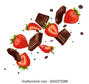 Fresh red strawberries, halved at delicious with chocolate splashing flying. Dessert food appetizer isolated on white background. Realistic 3D vector illustration.