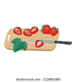 Fresh red strawberries on wooden cutting board with knife. Sweet healthy food, delicious dessert or snack. Vector flat illustration