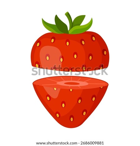 Fresh red strawberry, cut in half. Hand drawn flat style isolated on transparent background. Perfect for apps, websites, stickers, menus, decor, packaging, and branding. Vector illustration