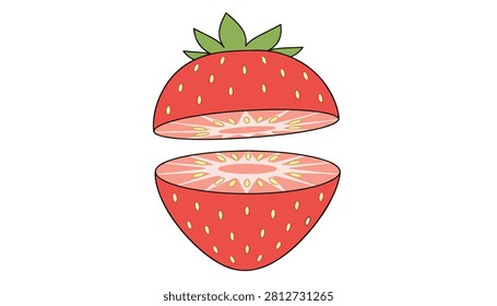 Fresh red strawberry cut horizontally into two stacked pieces showing the intricate seed pattern.