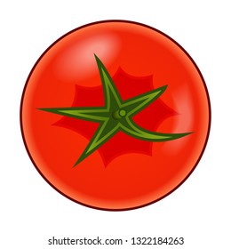 Fresh red tomato with green stem with shadows and highlights isolated on white background top view.