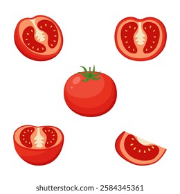 Fresh red tomato icon set. Whole, halved, and sliced tomatoes. Vector illustration.