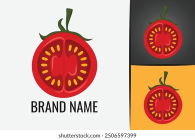 Fresh red tomato logo. Tomatoes vegetable logotype. Slice tomato veggie logo