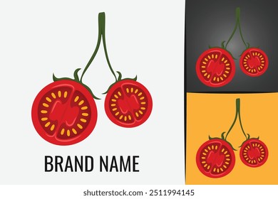 Fresh red tomato logo. Tomatoes vegetable logotype. Slice tomato veggie logo