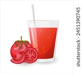 Fresh red tomato, slice tomatoes and  juice glass.Organic food. Applicable for ketchup, juice advertising.  Can be used for menu, packaging, textiles. Vector illustration.