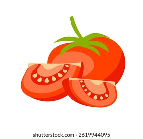 Frische rote Tomate mit zwei Scheiben mit Samen und grünem Stängel