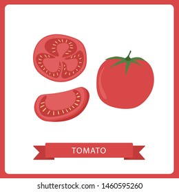 Fresh Red Tomato Vegetable on white background. Organic Food. Cartoon Flat Style. 