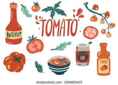 Fresh red tomatoes collection. Ketchup, tomato sauce, gazpacho soup, tomatoes on a branch and leaves. Healthy vegetarian food. Hand drawn vector flat cartoon illustration.