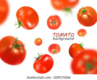 Fresh red tomatoes flying background. Quality vector realistic illustration.