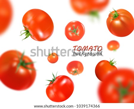 Fresh red tomatoes flying background. Quality vector realistic illustration.