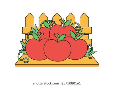 Fresh red tomatoes with green leaves by a wooden fence, perfect for gardening, food, or market themes in cartoon vector hand drawn