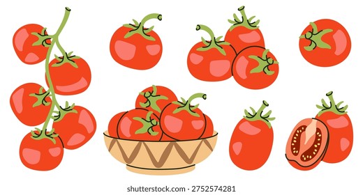 Fresh Red Tomatoes on Vine, in Bowl and Whole Vegetables vector illustration