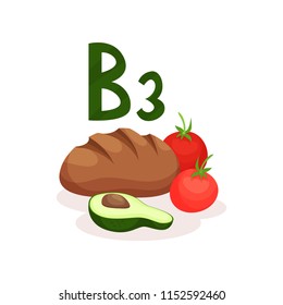 Fresh red tomatoes, rye bread and half of avocado. Food with vitamin B3. Healthy nutrition and diet theme. Flat vector design