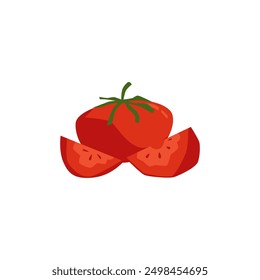 Ilustración plana de Vector de tomates rojos frescos. Piezas enteras y vegetales de tomate maduros aislados en blanco. Ingrediente de la ensalada, alimento orgánico natural de las plantas. Producto de granja de dibujos animados