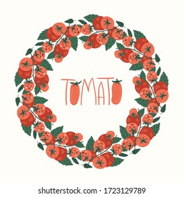 Fresh red tomatoes vector illustrations wreath. hand draw cartoon Scandinavian nordic design style for fashion or interior or cover or textile or background.