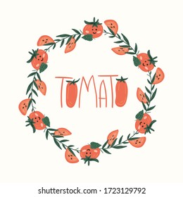 Fresh red tomatoes vector illustrations wreath. hand draw cartoon Scandinavian nordic design style for fashion or interior or cover or textile or background.