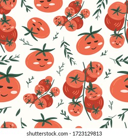 Fresh red tomatoes vector illustrations. Seamless pattern background. hand draw cartoon Scandinavian nordic design style for fashion or interior or cover or textile.
