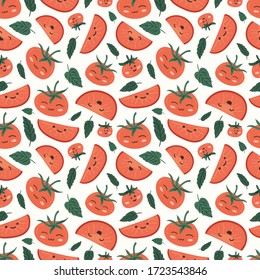 Fresh red tomatoes vector illustrations. Seamless pattern background. hand draw cartoon Scandinavian nordic design style for fashion or interior or cover or textile.