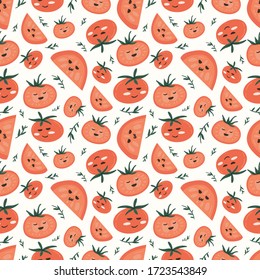 Fresh red tomatoes vector illustrations. Seamless pattern background. hand draw cartoon Scandinavian nordic design style for fashion or interior or cover or textile.