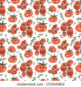 Fresh red tomatoes vector illustrations. Seamless pattern background. hand draw cartoon Scandinavian nordic design style for fashion or interior or cover or textile.