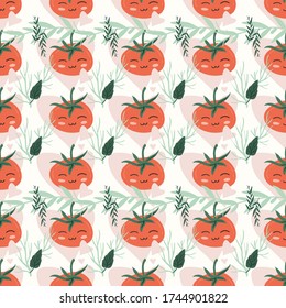 Fresh red tomatoes vector illustrations. Seamless pattern background. hand draw cartoon Scandinavian nordic design style for fashion or interior or cover or textile.