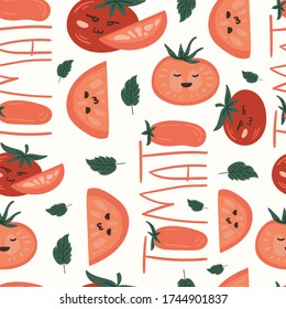 Fresh red tomatoes vector illustrations. Seamless pattern background. hand draw cartoon Scandinavian nordic design style for fashion or interior or cover or textile.