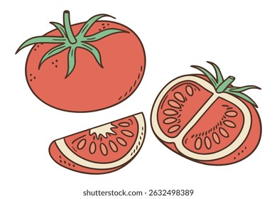 Fresh red tomatoes, whole and sliced, showcasing vibrant colors and textures, ideal for culinary designs, recipes, or healthy eating concepts with copy space