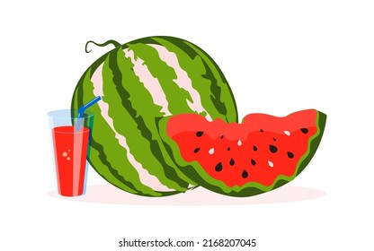 Fresh red watermelon juice in a glass transparent glass with a straw. Healthy and healthy drink in a modern design on a white background. Vector.
