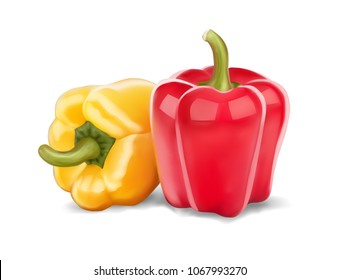 Fresh red and yellow peppers. Vegetable isolated icon. For farm market, vegetarian salad recipe design. 3d hyperrealism vector illustration