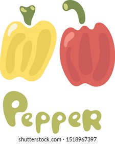 Fresh red and yellow peppers vegetable isolated icon with title. Peppers for farm market, vegetarian salad recipe design. Vector illustration in flat style

