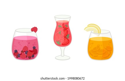 Fresh Refreshing Summer Cocktails with Ice Cubes and Sliced Fruits and Berries in Glass Vector Set