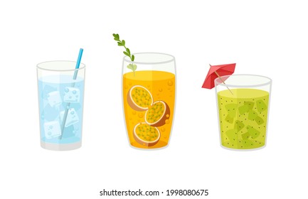 Fresh Refreshing Summer Cocktails with Ice Cubes and Sliced Fruits and Berries in Glass with Straw Vector Set