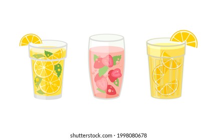 Fresh Refreshing Summer Cocktails with Ice Cubes and Sliced Fruits and Berries in Glass Vector Set