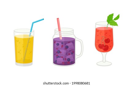Fresh Refreshing Summer Cocktails with Ice Cubes and Sliced Fruits and Berries in Glass and Jar with Straw Vector Set