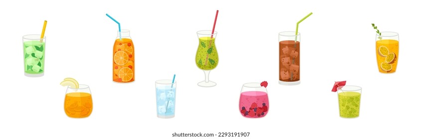 Fresh Refreshing Summer Cocktails with Ice Cubes and Fruits and Berries in Glass with Straw Vector Set