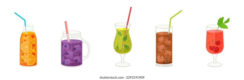Fresh Refreshing Summer Cocktails with Ice Cubes and Fruits and Berries in Glass with Straw Vector Set