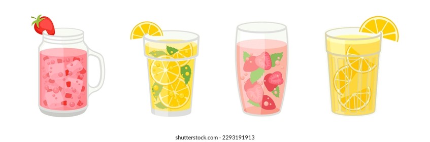 Fresh Refreshing Summer Cocktails with Ice Cubes and Fruits and Berries in Glass and Jar Vector Set