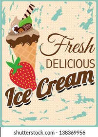 Fresh Retro Delicious Ice Cream Poster with Strawberry