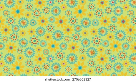 A fresh retro flower pattern with sunlight yellow, mint green, blue, and pops of red, featuring various daisy-inspired shapes on a pale yellow background for a playful, cheerful effect.